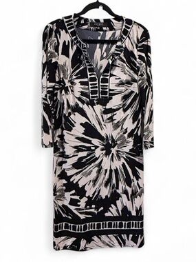Nine West Black and Cream Abstract Floral Midi Dress with V-Neck Trim